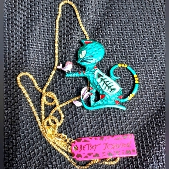 Betsey Johnson Green Cat and  purple bird necklace has extender NWT and Brooch - Picture 7 of 10